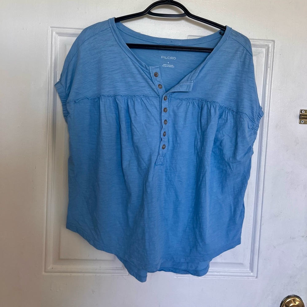 Pilcro | Blue Henley Cap-Sleeve Top